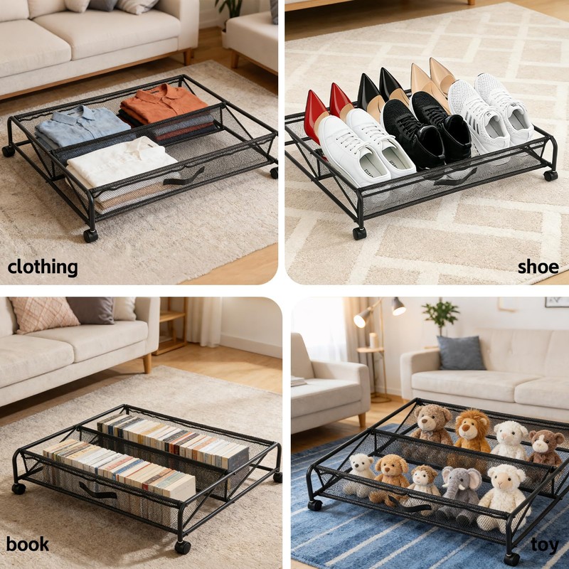 AIHSUMC Under Bed Shoe Storage Organizer, 2-Pack Metal Mesh Storage