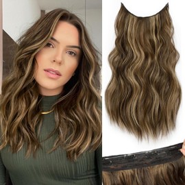 KooKaStyle Invisible Wire Hair Extensions with Transparent Wire Headband Adjustable Size 4 Secure Clips Long Wavy Hairpiece for Women