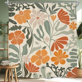 Miyotaa - Juego de cortinas de ducha retro con flores, color verde salvia, naranja, 71 x 71 pulgadas de alto, Matisse Groovy 70, diseño moderno y abstracto de poliéster, impermeable, con 12 ganchos