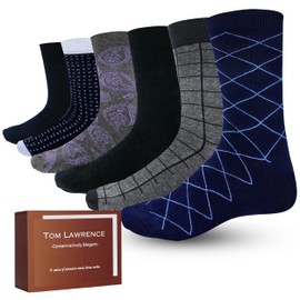 Tom Lawrence Mens Dress Socks -Premium Quality Soft Cotton- Pack of 6 in Gift Box, Assorted Patterned dress Socks, Dress Socks For Men 9-12, Breathable Soft Cotton- Nylon Blend