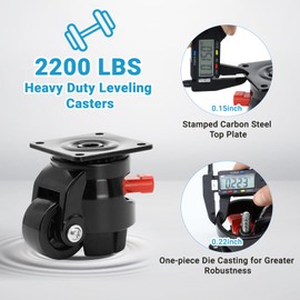 Nefish Heavy Duty Leveling Machine Casters 2200 LBS, Upgraded Ratchet Arm Design Leveling Retractable Castors Set of 4, Aluminum Base & Industrial Grade Rubber Workbench Caster for Industrial, Machine