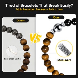 JZPZ Cross Beaded Bracelet for Men : Triple Protection Hematite Black Onyx Tiger Eye Men's Catholic Bracelets,Faith Religious Christian Jewelry,Healing Crystal for Boyfriend Husband,Joshua 1 9