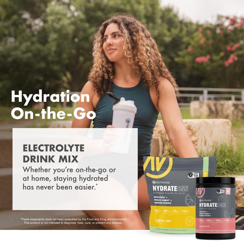NutraOne HydrateOne, Electrolyte Drink Mix On-The-Go | Watermelon, 30 Servings