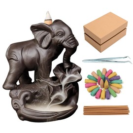 YYW Backflow Incense Burner Elephant Ceramic Incense Holder Handmade Censer with 120 Backflow Incense Cones 30 Incense Sticks 1 Mat 1 Tweezer for Aromatherapy Home Decor