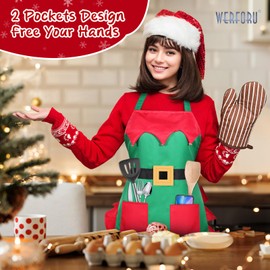 WERFORU Women Christmas Kitchen Apron with 2 Pockets Ladies Adjustable Cooking Apron