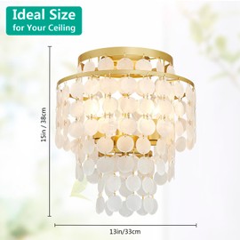 GlowEasely Modern Capiz Shell Chandelier Ceiling Light, Costal Design Close to Ceiling Light Fixture for Dining Room, Living Room, Bedroom, Hallway, Foyer, Gold Finish, 3*E12 Socket, D13*H15 inch