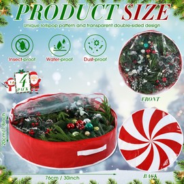 Yoojahow 4 Pcs 30 Inch Christmas Wreath Storage Bag Candy Cane Wreath Storage Container Clear Window Dual Zipper Handle Red White Peppermint Garland Organizer for Holiday Decoration, Cute Lollipop