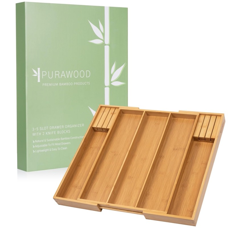 Purawood Kitchen Drawer Organizer with Knife Blocks - Utensil Drawer
