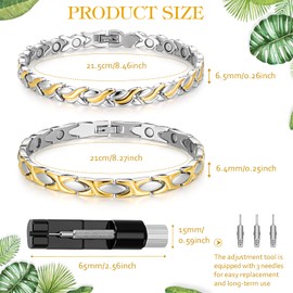 2 Pcs Magnetic Bracelets for Women Silver Gold Titanium Steel Magnetic Bracelets with Ultra Strength 3500 Gauss Magnets Neat Design Style Link Bracelet Ladies Jewellery Gift