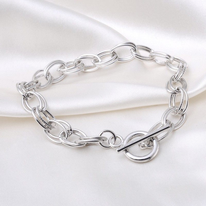 RUBYCA 10Pcs Toggle Clasp Silver Color Charm Rolo Bracelet Double