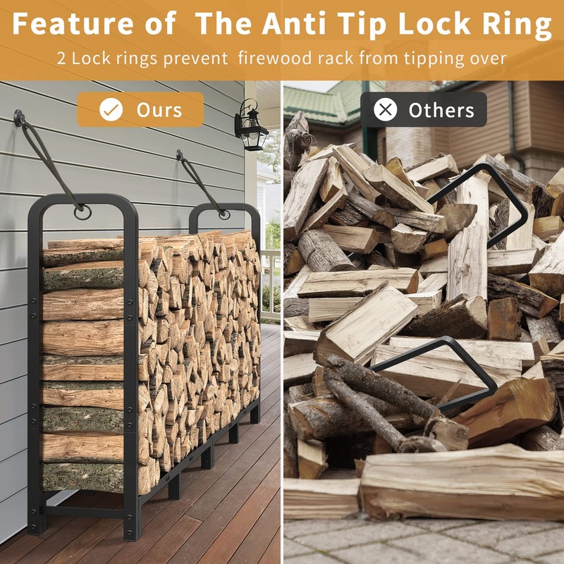 Mr IRONSTONE 8ft Firewood Rack Outdoor Indoor, Upgraded Heavy Duty