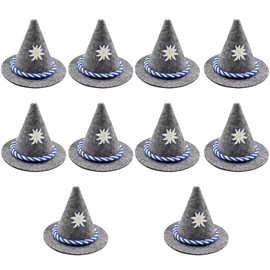 WANYI Pack of 10 Oktoberfest Bavarian Decorative Seppel Hat Grey Felt Hat Mini Traditional Hat Table Decoration 8 x 10 cm Pointed Hat with Blue/White Cord Floral Pattern for Carnival