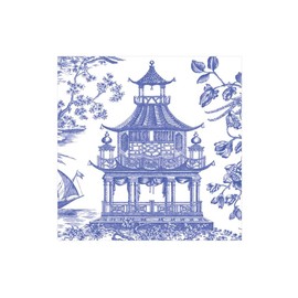 Caspari Chinoiserie Toile Pagoda Paper Cocktail Napkins in Blue - 20 Per Box