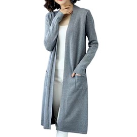 Loradouphi 221112 Women's Cardigan, Long, Autumn, Winter, Spring, Large Sizes, Thick, Long Sleeve, Pocket, Knitting, Clean, Ribbed, Layered, Soft, Elegant, Solid, School or Work, gray