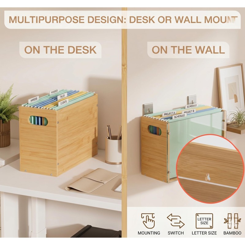 Poeuai 2 Pack Premium Thickened Bamboo Desktop Hanging File Organizer