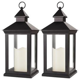 Bright Zeal 2-Pack 14" Decorative Candle Lantern Black Outdoor Lanterns with Timer Candles - IP44 Waterproof Vintage Lanterns Battery Powered LED Decorative for Wedding - Warm White Hanging Wall
