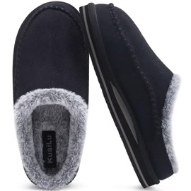KuaiLu Men's Memory Foam Clog Slippers, Comfortable, Hand-Stitched, Microsuede Slip-On Slippers with Arch Support, Warm Faux Fur-Lined, Rubber Sole, Indoor, Outdoor, black, 44 EU