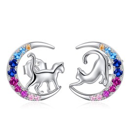 YFN Cat Earrings Sterling Silver Cat Moon Stud Earrings Gifts for Women Girls