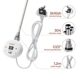 ELEGANT 600W Smart WiFi Thermostatic Towel Rail Electric Heating Element with Plug, Timer LCD Display, Child Lock Function Heating Rod for Bathroom Heated Towel Rails and Radiators White
