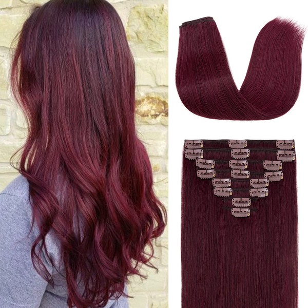 Clip in Hair Extensions Real Human Hair, S-noilite Real Human Hair Burgundy Hair Extensions Wine Red 20inch 105g 8pcs Straight Silky Clip in Remy Hair Extensions For Women Natural Hair #99J
