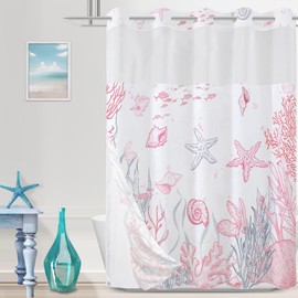 TWLSNCD No Hook Shower Curtain with Snap in Liner, Beach Ocean Nautical Coastal Shower Curtains and Liner Set for Bathroom, Seashell Hotel Fabric Bath Curtain, Waterproof Washable, Pink 71" x 74"