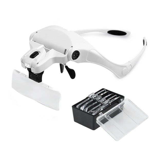Locisne Magnifying Glasses with Light, Headband Magnifier with Led for Close Work, 5 Replaceable Lenses（Battery Model）