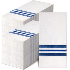 Jetec 200 Pack Guest Napkins Disposable Paper Hand Towels Bathroom Decorative Napkins Linen Feel Soft Absorbent Bulk Dinner Paper Towels for Kitchen Event Wedding Christmas Party(Blue Stripe)