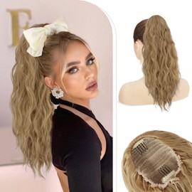 RUWISS Ponytail Extension, 45 cm Wavy Curly Drawstring Ponytail for Daily Party, Synthetic Natural Hairpieces for Women, Blonde & Ash Blonde