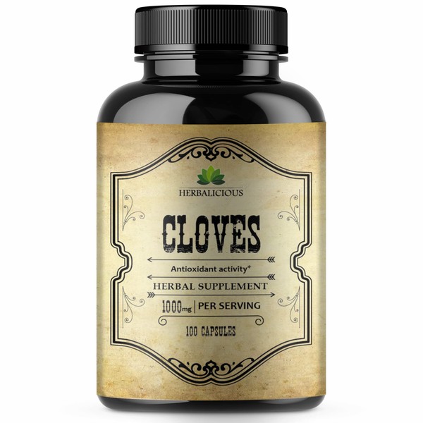 HERBALICIOUS Cloves Capsules - Natural Dietary Supplement - Rich in Vitamins, Minerals, Manganese, Fiber - May Help Strengthen Bones, Promote Digestive Function, Antioxidant Support - 100 Caps