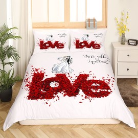 Feelyou Wedding Couple Duvet Cover with Bride and Groom Print - For Girls Teens Decorative Bedroom - Polyester with Red Rose Love Print - 1 Pillowcase 155 x 220 cm