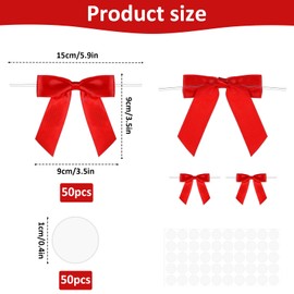 Lnngub Pack of 50 Red Bows with 50 Glue Dots, 9 x 9 cm Gift Bows Bows with Cable Ties, Decorative Bow for Wedding Decoration, Birthday Gift, Christmas Decoration