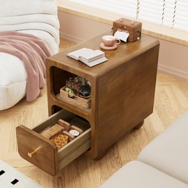 Solid Wood Nightstand, Narrow Nightstand with Drawers, Walnut Mid Century Modern Nightstand, Small Beside Table with Open Storage Shelf for Bedroom (10 inch)