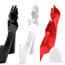 ZOCONE 3 Pairs Long Gloves for Women Satin Gloves White Red Black Satin Gloves with a Storage Bag, Opera Gloves for Fancy Dress Stretchy Elbow Gloves for Wedding Prom Party Evening Opera Bridal Party