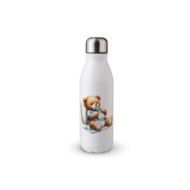 MAXIKIWI Einwandige Wasserflasche mit Schraubverschluss, nicht isoliert, leichtes Aluminium, BPA-frei, auslaufsicher, Set von Blue Baby Teddy, 500 ml