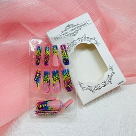 Long Coffin Press on Nails Ballerina Fake Nails with Designs Rainbow Leopard Stick on Nails French False Nails Colorful Acrylic Nails Glossy Artificial Nails Full Cover Glue on Nails for Women