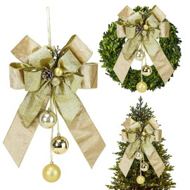 AIMUDI Champagne Gold Christmas Tree Topper, 11 x 16 Inches Christmas Tree Bows Lantern Bow Decoration Velvet Wreath Bows with Christmas Balls Bows Christmas Decoration Bows, 1 PC