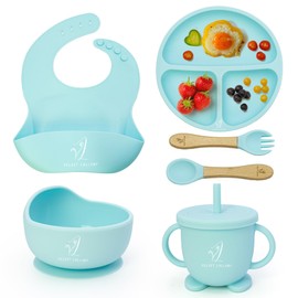 Velvet Lullaby Baby Feeding Set - Silicone Bib, Suction Plate, Bowl, Fork, and Spoon - BPA-Free and Dishwasher Safe (Sky blue)