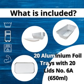 NUNOCHO Aluminium Foil Trays with Lids. Food Containers Pack of 20 No. 6a 650ml. Disposable Takeaway boxes, Reusable, Baking, Roasting, Freezer, Air Fryer