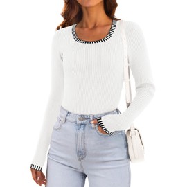 MEROKEETY Women's Long Sleeve Ribbed Knit Bodysuits Scoop Neck Slimming Fit Fall Trendy Sweater Tops, White, Small