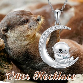 PROESS Sea Otter Necklace Sterling Silver April Birthstone Necklace Sea Otter Jewelry Otter Animal for Women Daughter Otter Lovers