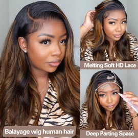 Sofeel Body Wave Lace Front Wigs Human Hair 24 Inch 13x4 Ombre Lace Front Wig Human Hair Pre Plucked 180 Density Highlight HD Lace Frontal Wigs Human Hair Colored FB/30 Balayage Wig Human Hair