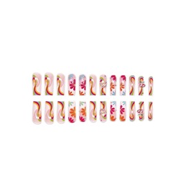 FIEONCIY Press on Nails Coffin Long Length Acrylic Glossy Full Cover Square Shaped French False Nails with Designs Artificial Extra Long Fake Nails with Charms Glue ons Fingernails for Women(XXS289)