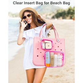 4 Packs Clear Beach Tote Bag Accessories Insert with 4 Hooks, Phone Holder for Beach Bags Makeup Clean Toiletry Brush Organizer Divider Storage Inner Compatible Pouch Travel Cosmetic Pouch (Rose Set)