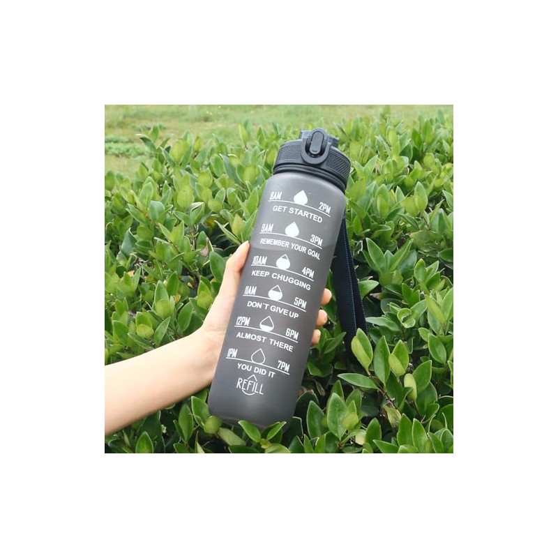 Motivational Time Marked Water Bottle with Straw and strap, 1L,