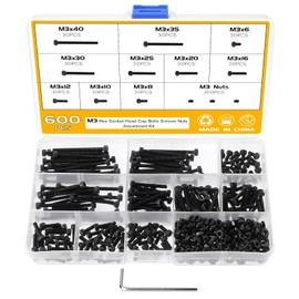 Faankiton 600 Pieces M3 Hex Socket Head Cap Button Screws Nuts and Bolts Set, 12.9 Carbon Steel Flat head Cylindrical Screws Assortment Kit, Hexagon Socket Head Cap Screws with the Hexagon Wrench