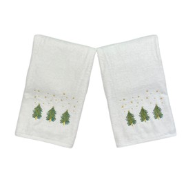 Luxury Holiday Christmas Towels, Embroidered Plush 100% Cotton, Set of 2, Machine Washable (Green Trees, 54" x 27")