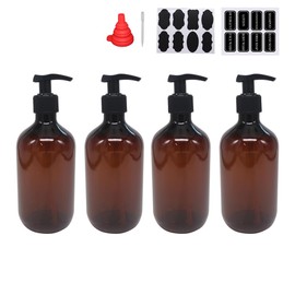 zmybcpack 4 Pack 16 OZ Empty Plastic Pump Lotion Bottles with 1 Pen, Labels & Silicone Funnel, Amber Color Lotion Dispenser with Locking Pump for Body Wash, Shampoo, Massage Lotion, Gel