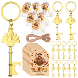 91 Pcs Friendsgiving Gifts Bulk-30 Gold Turkey Bottle Opener Keychain,30 Happy Thanksgiving Cards,30 Organza Bags and Hemp Rope Thank You Autumn Fall Favors Souvenir for Best Friend Guests Men Women
