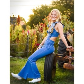 Omoone Womens Flared Denim Overalls Jumpsuit Ruffle Sleeves Backless Stretchy Blue Jean Romper(3219-Blue-S)