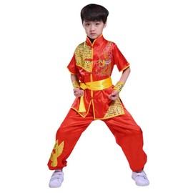 Boys Girls Kung Fu Master Tai Chi Dragon Chinese Uniform Top Shirt Pants Set Outfit (Yellow, 12-14 Years)